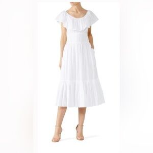 TORY BURCH WHITE TONAL STRPE SEERSYCKER COTTON TIERED SKIRT FLOUNCE NECK DRESS